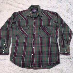Five Brothers Shirt Mens M Green Plaid Flannel Pearl Snap Up Pockets Chore